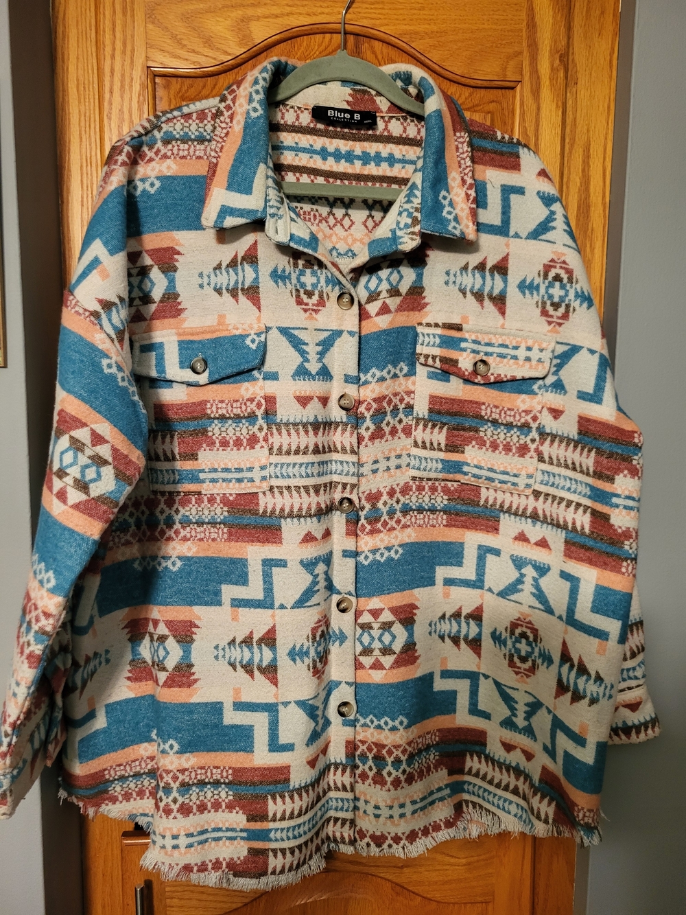 Blue B Women's Aztec Button-Down Shirt Jacket - Teal & Cream